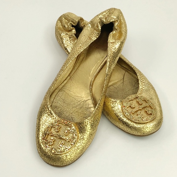 Tory Burch Shoes - Tory Burch Gold Metallic Reva Logo Ballet Emblem 8